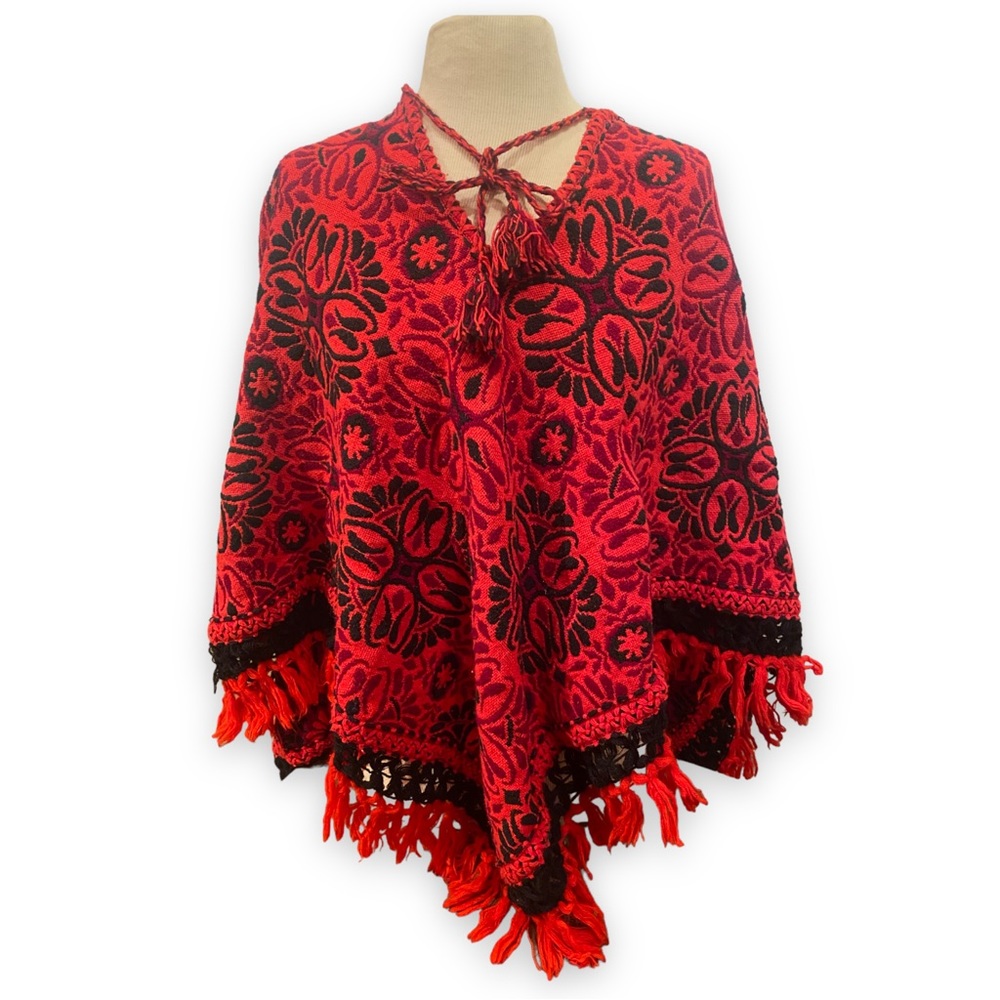 Red 1960s Tapestry Poncho VINTAGE Cape poncho with braided ties and fringe